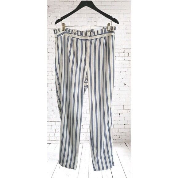 Express Paperbag Pants Womens 12 High Rise Ankle Blue Striped  Pleated NWT - Picture 1 of 9
